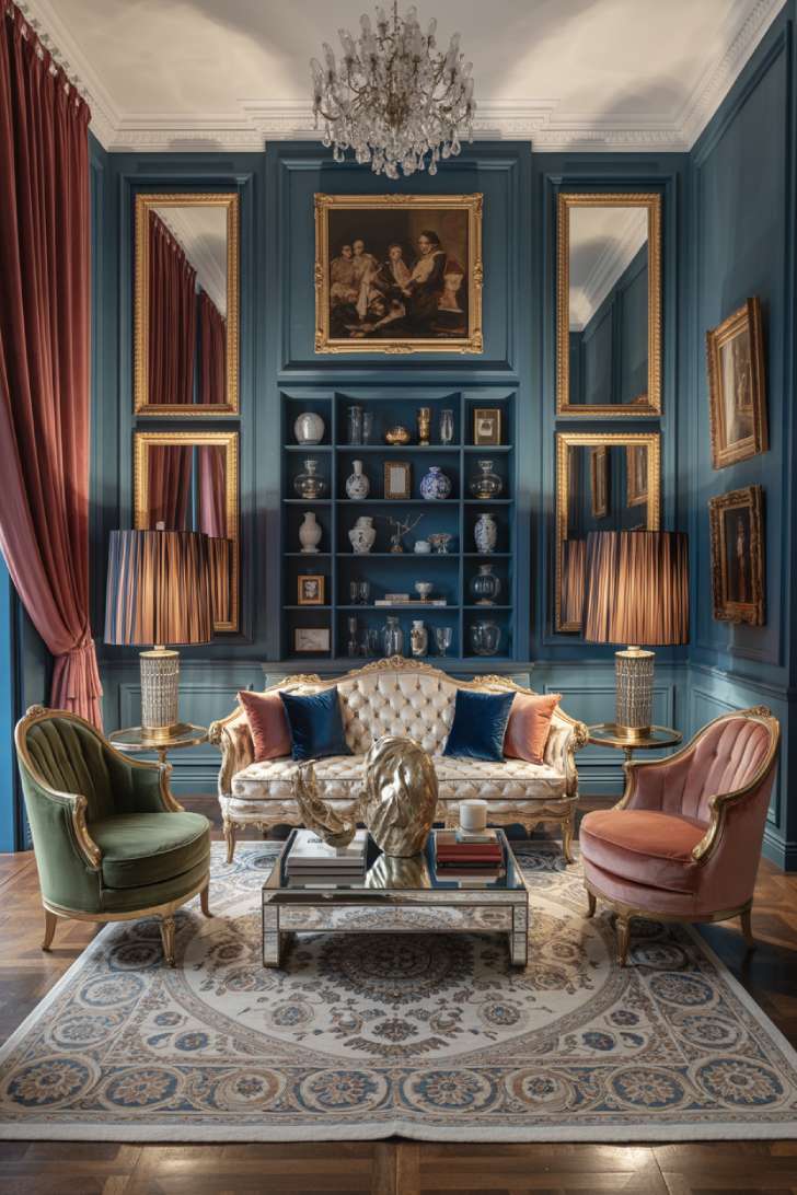 11 Vibrant Eclectic Maximalism Living Room Styles to Copy 5 Glamorous eclectic maximalism living room with sapphire blue velvet walls, baroque sofa, crystal chandelier, and gilt-framed oil paintings