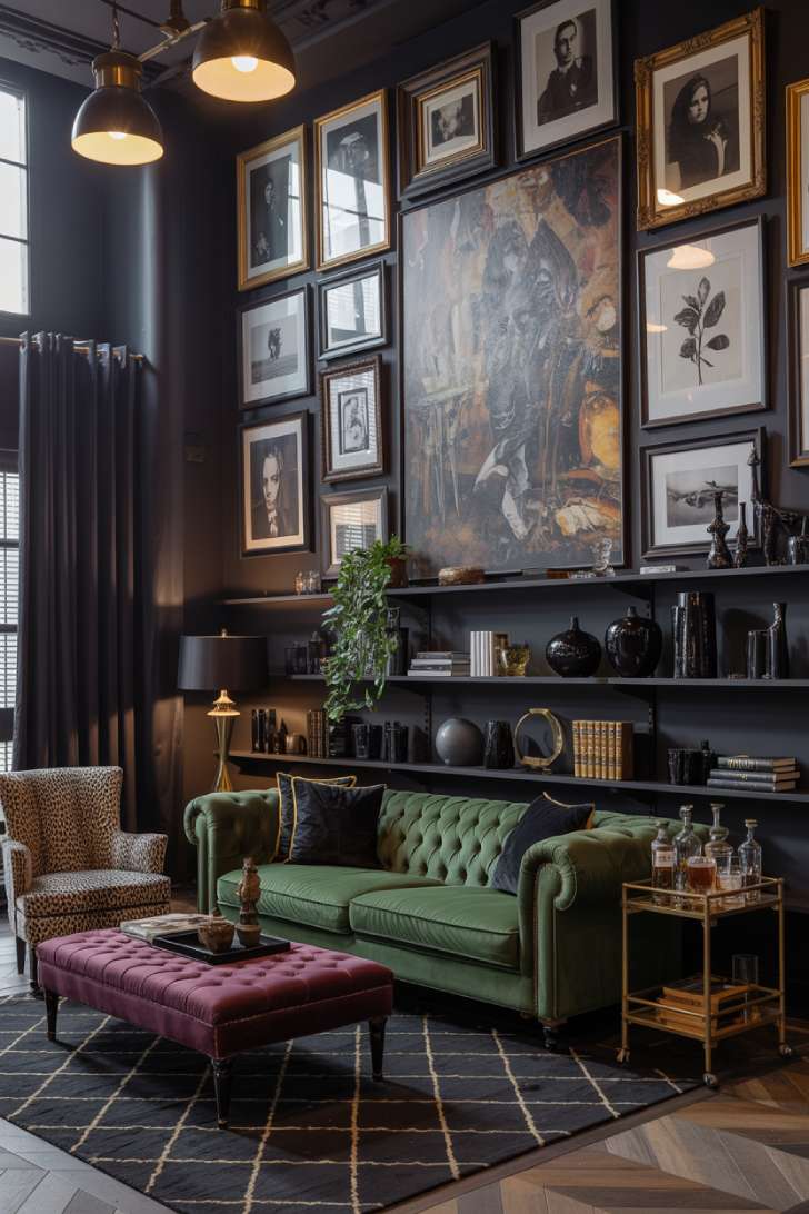 11 Vibrant Eclectic Maximalism Living Room Styles to Copy 7 Dark moody eclectic maximalism living room with charcoal walls, forest green Chesterfield sofa, leopard print chair, and dramatic gallery wall