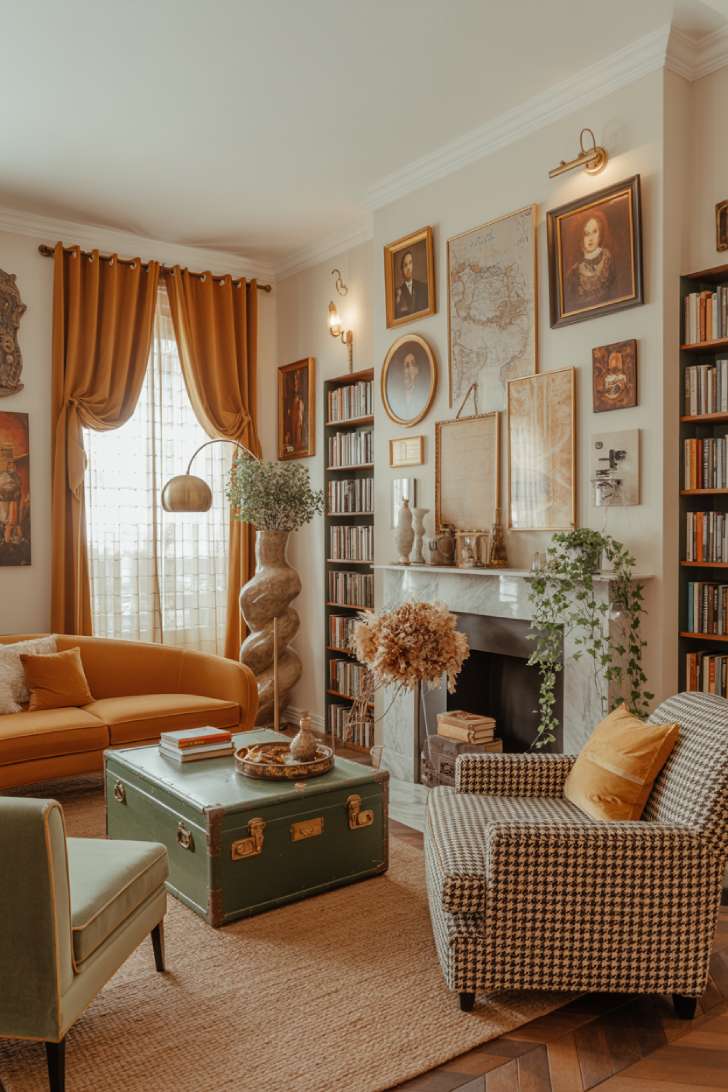 11 Vibrant Eclectic Maximalism Living Room Styles to Copy 9 Sophisticated eclectic maximalism living room with ivory walls, caramel leather sofa, sage loveseat, houndstooth armchair, and salon gallery wall