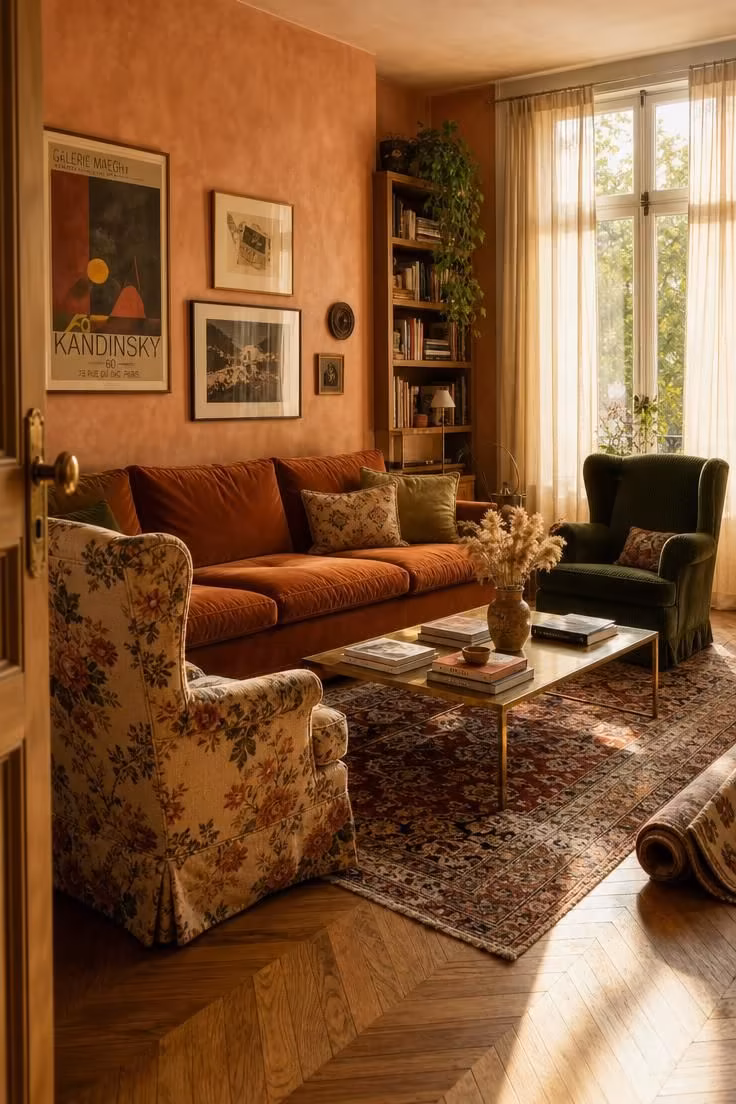 A rust velvet sofa paired with mismatched vintage wingback chairs in a warm eclectic maximalist living room.