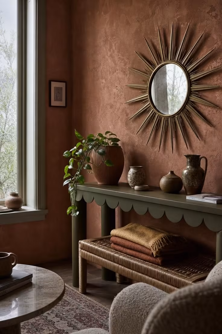 Terracotta plaster walls behind a sunburst brass mirror and olive console table.