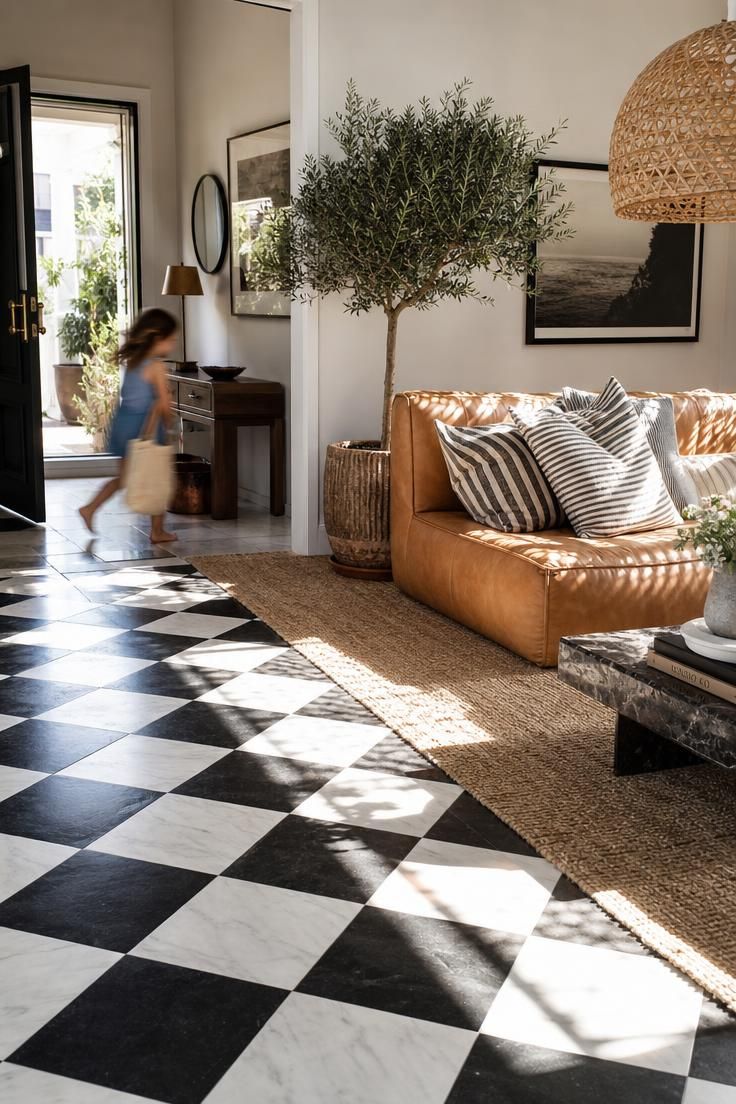 Checkerboard marble floor tile transitioning into a natural jute rug in a maximalist living room.