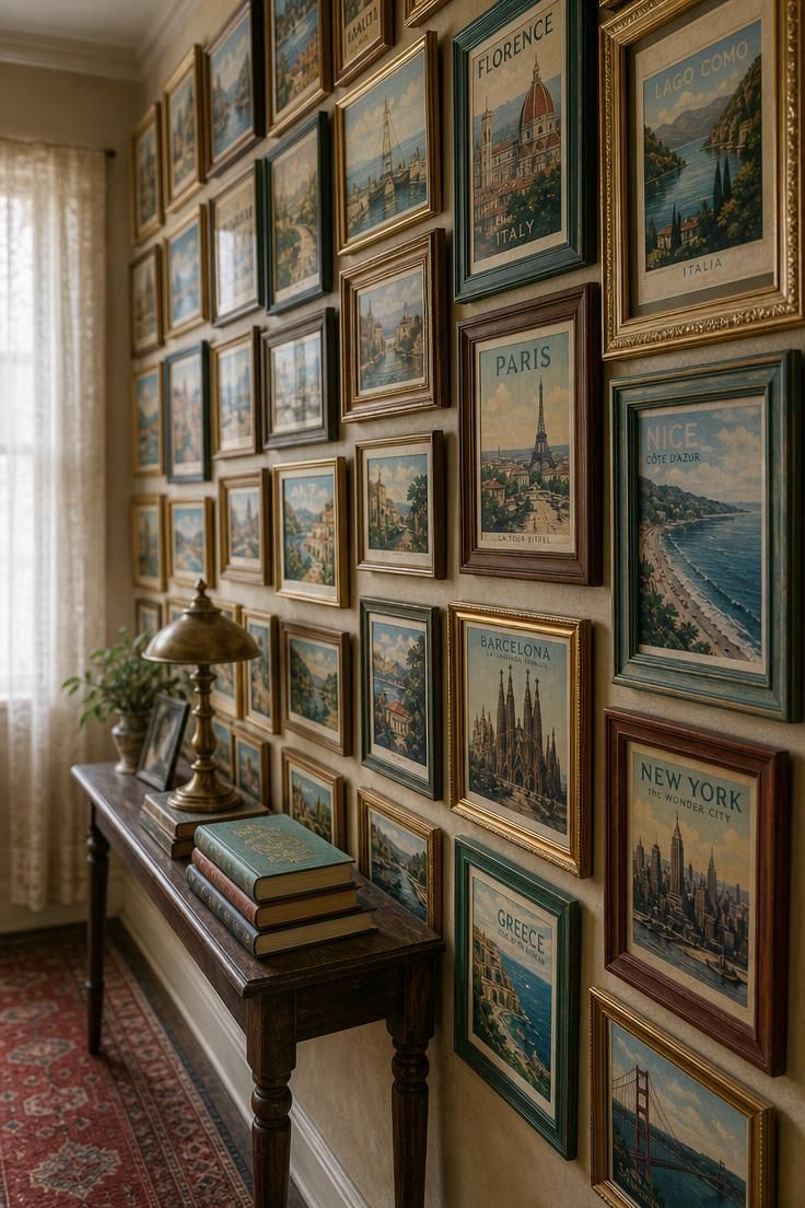 A grid of vintage travel postcards in mismatched gilt frames covering a hallway wall.