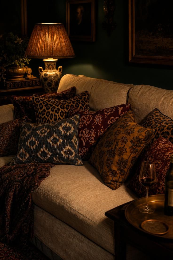 Leopard print and ikat throw pillows piled on a linen sofa under moody evening light.