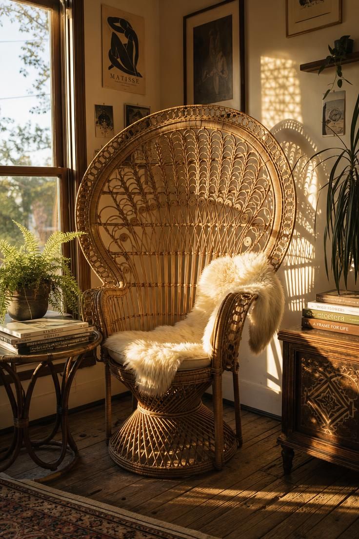 A rattan peacock chair draped in faux fur beside a sunlit window.