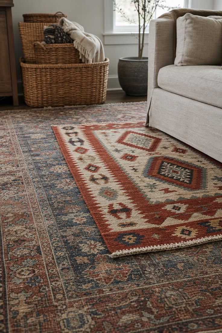 Two clashing vintage rugs layered underfoot in a living room styled with woven baskets.