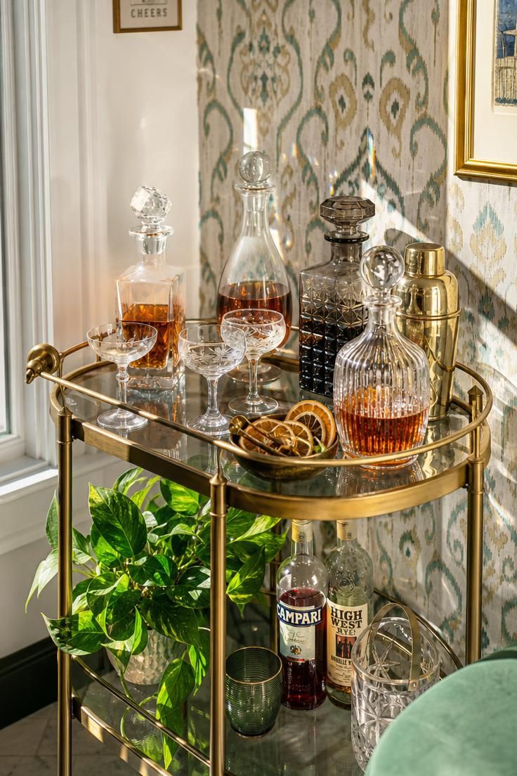 A brass bar cart styled with amber glass decanters catching midday sunlight.