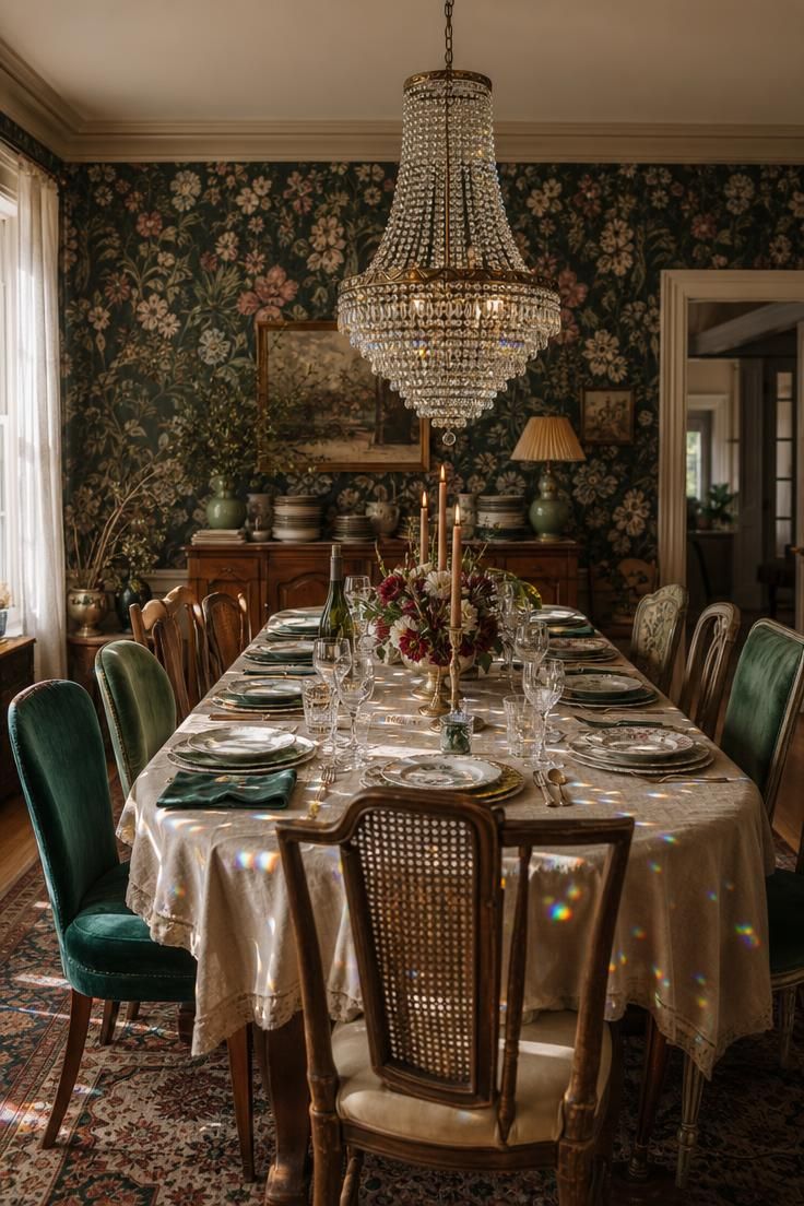 A beaded crystal chandelier hanging over a scalloped-edge dining table with mismatched velvet chairs.