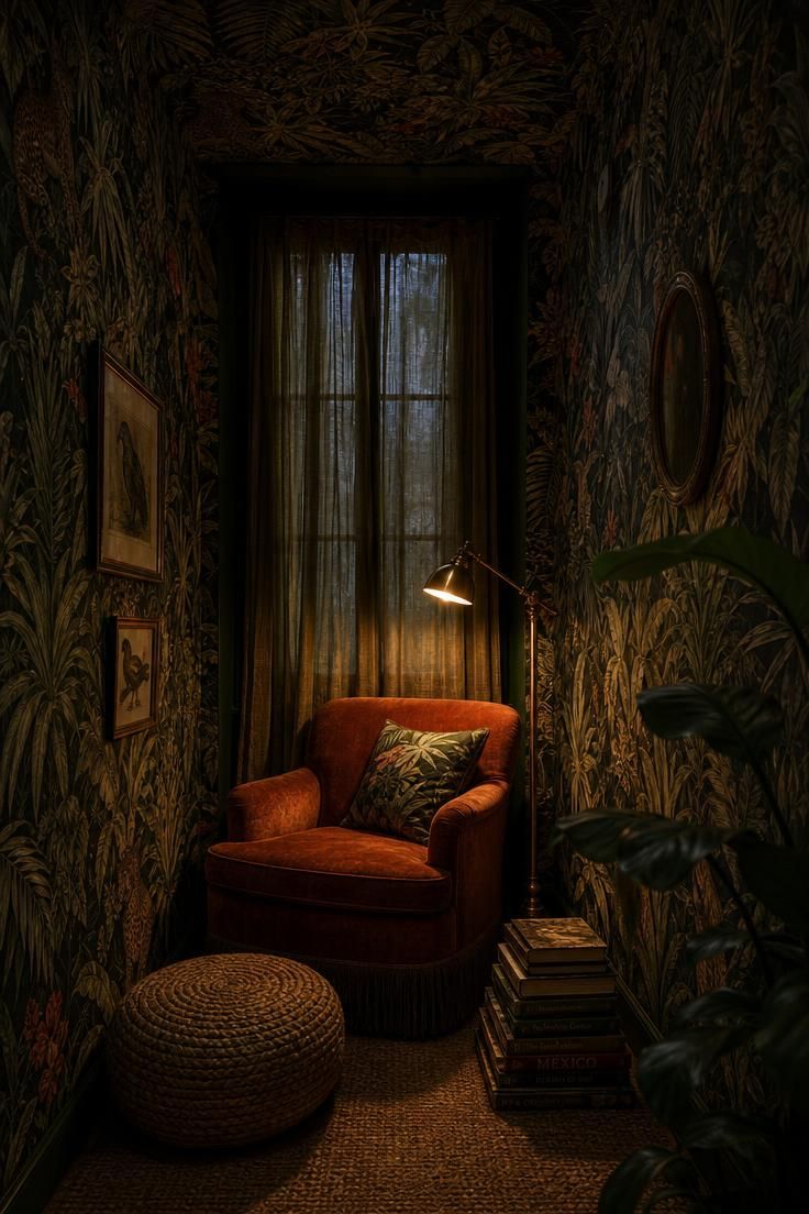 A jungle-print wallpapered reading nook with a burnt orange velvet armchair.