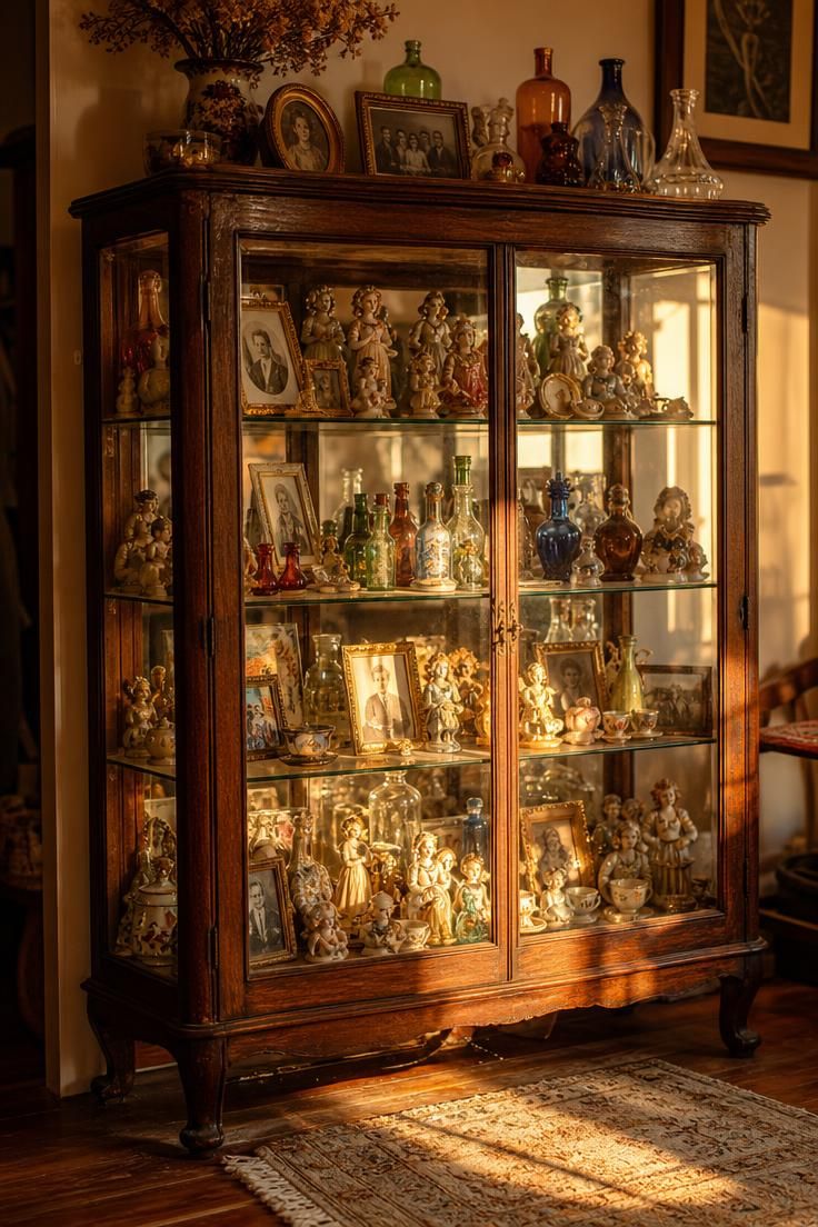 An antique glass curio cabinet packed with ceramic figurines and gathered collections.