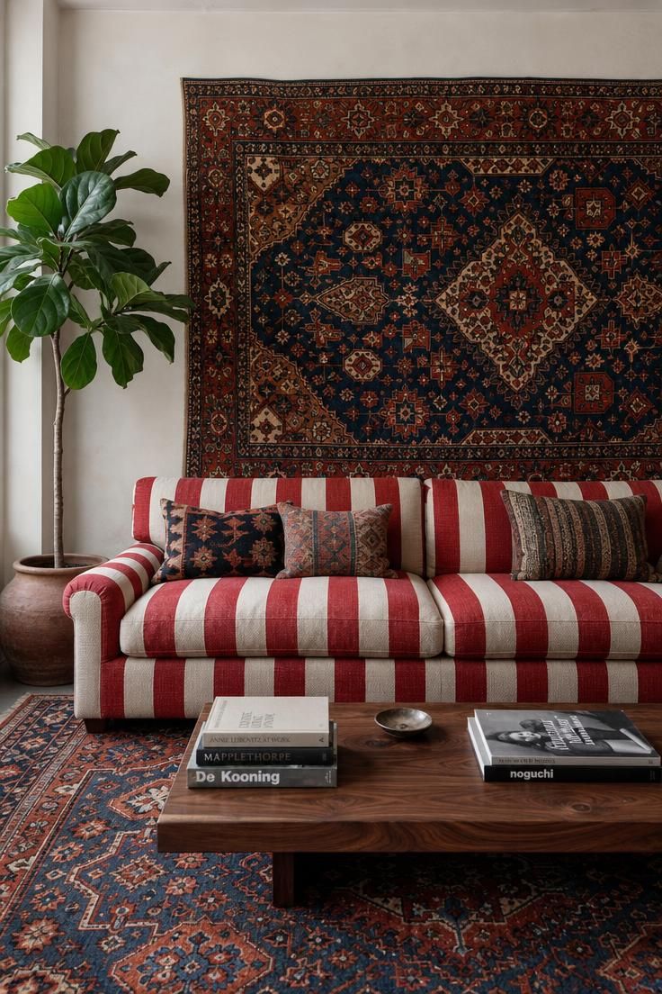 A striped canvas sofa against a densely patterned Persian rug in a maximalist living room.
