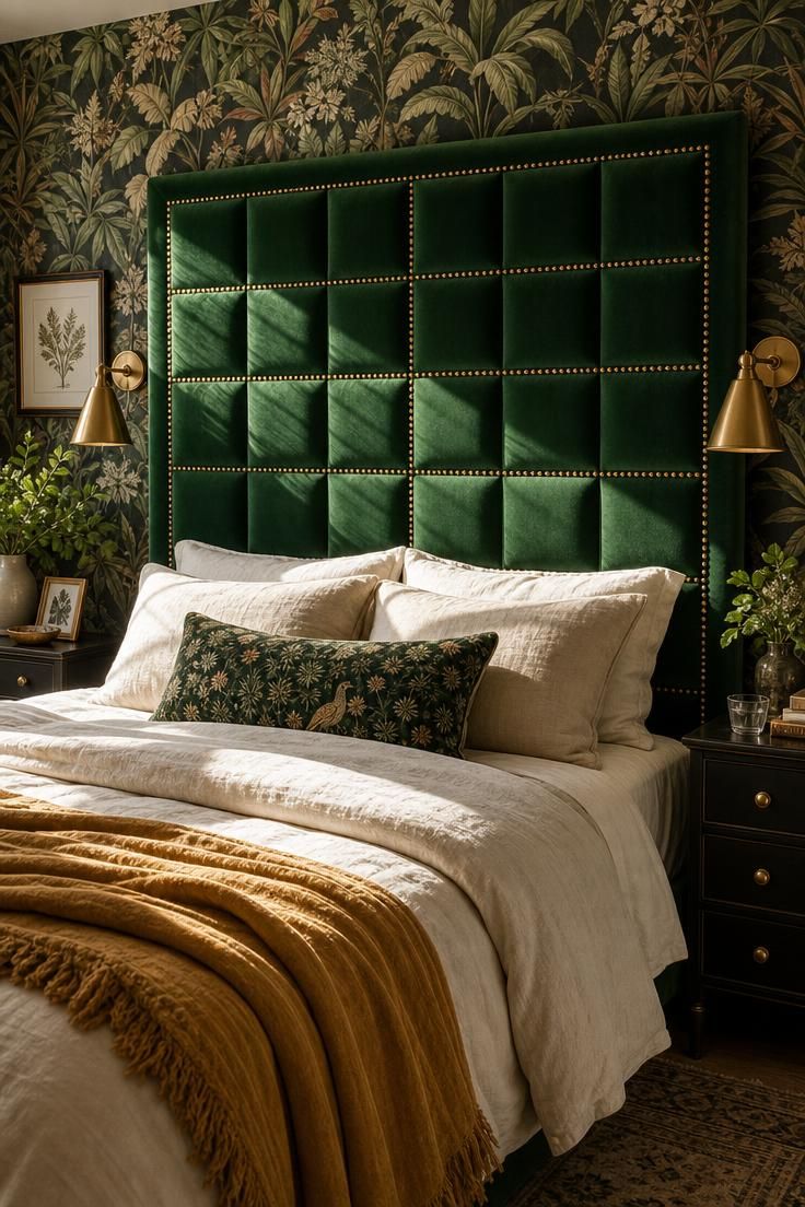 An emerald velvet headboard with brass nailhead studding in a maximalist bedroom.