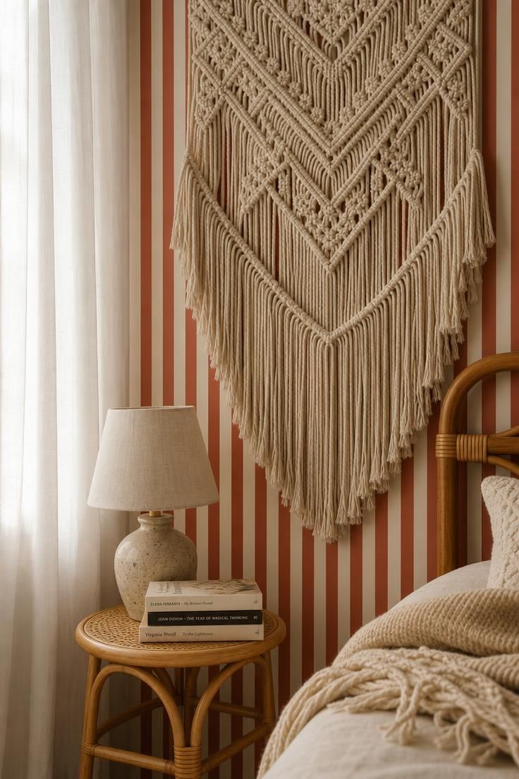 A macrame wall hanging layered over striped terracotta wallpaper in a bedroom corner.