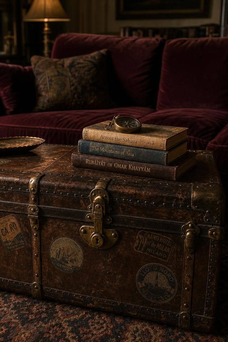 A weathered leather steamer trunk used as a coffee table with travel books stacked on top.