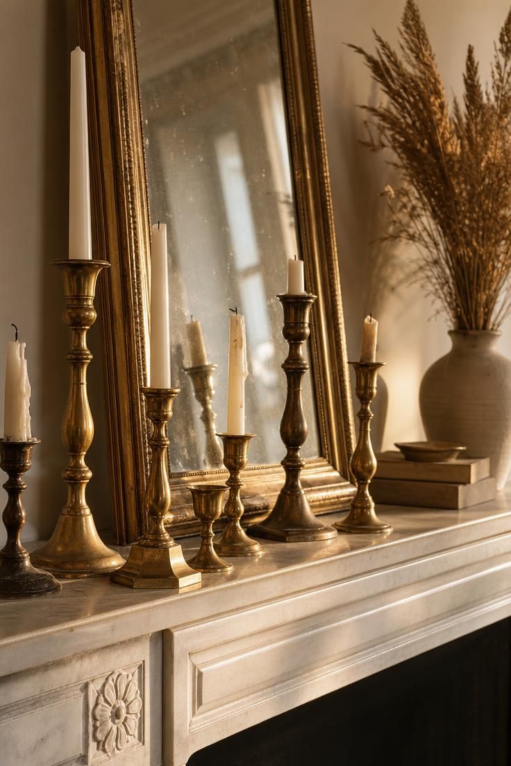 Mismatched brass candlesticks clustered on a white marble mantel beneath a leaning gilt mirror.
