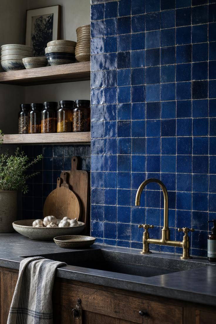 Cobalt blue zellige tile covering a kitchen backsplash beside open wood shelving.