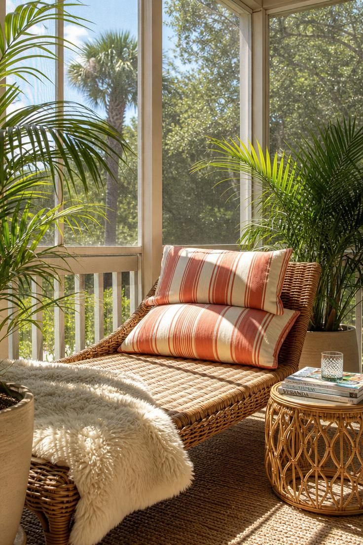 A sheepskin throw draped over a rattan daybed on a sunlit screened porch.