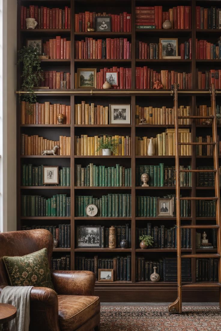 Floor-to-ceiling bookshelves styled with color-blocked book spines and small trinkets.