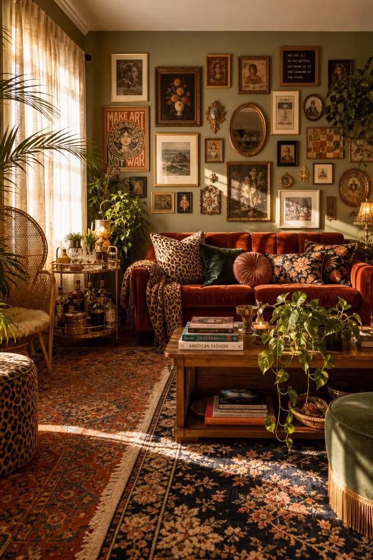 A warm, richly layered eclectic maximalist living room with a velvet sofa, gallery wall, and vintage rugs.