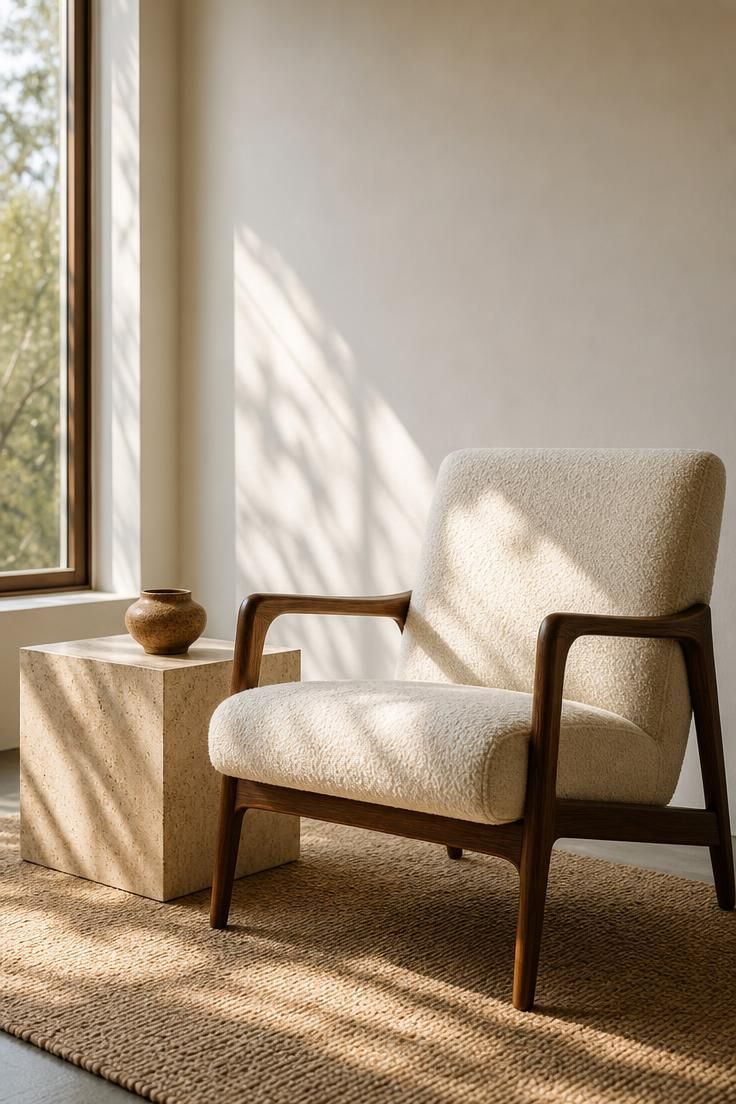 13 Eclectic Mid Century Modern Ideas for Warm Lived-In Rooms 1 Ivory bouclé lounge chair with walnut arms next to a travertine plinth table holding a single ceramic vessel in a warm white room.