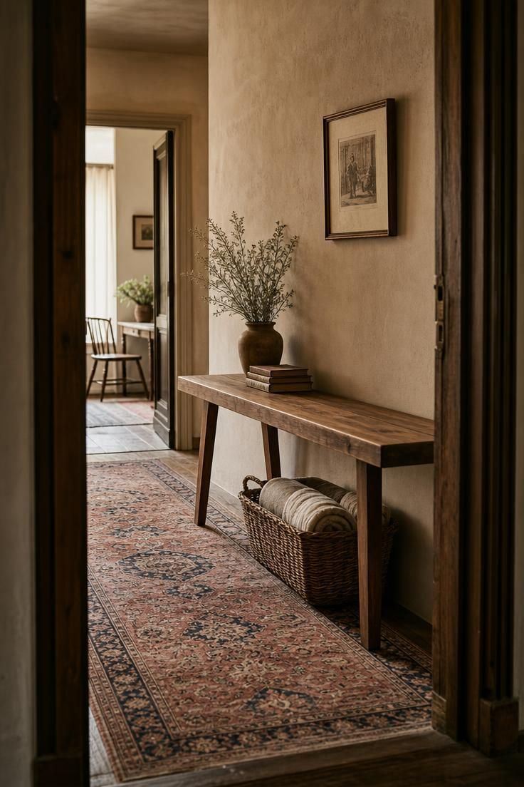 13 Eclectic Mid Century Modern Ideas for Warm Lived-In Rooms 2 A teak bench with tapered legs sits above a sun-faded Persian runner in a cream hallway with one small framed etching and a rattan basket beneath.