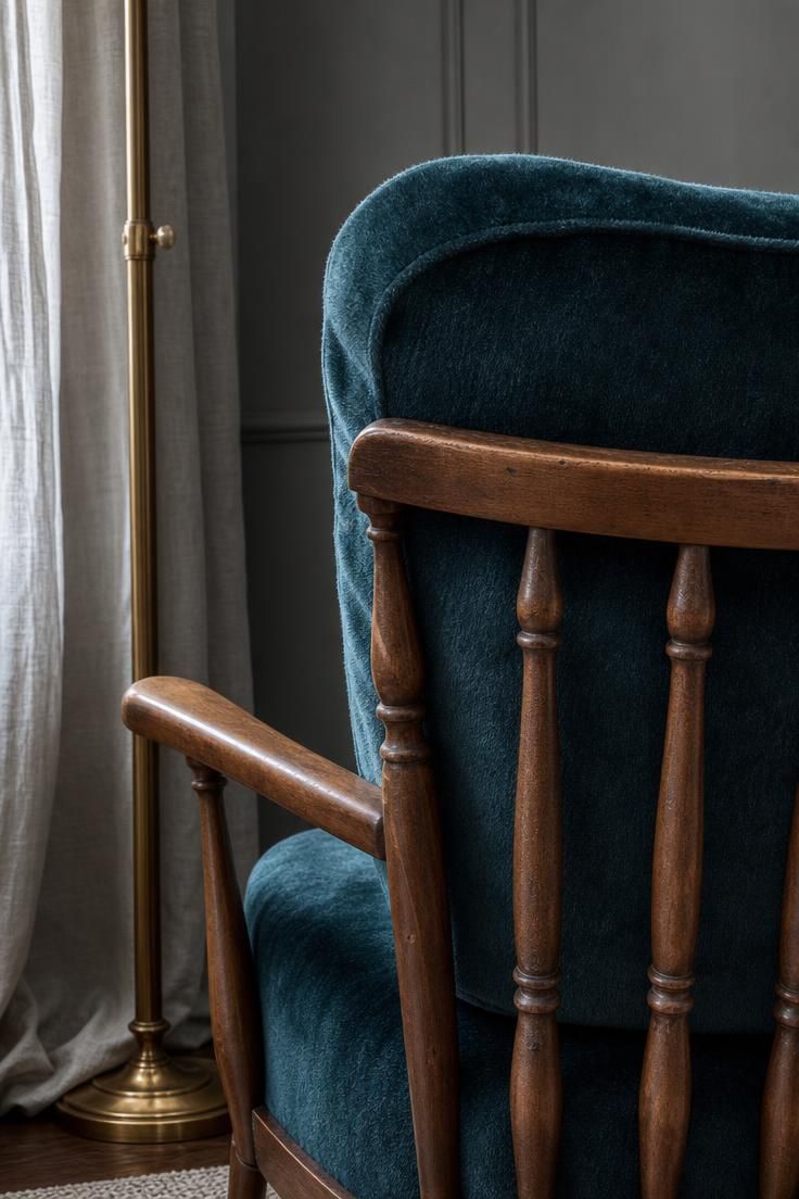13 Eclectic Mid Century Modern Ideas for Warm Lived-In Rooms 4 Close view of a spindle-back armchair in deep teal mohair with medium brown wood, brass floor lamp at the frame edge, cool grey backdrop.