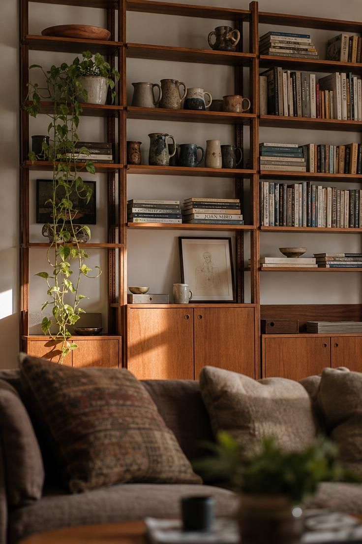 13 Eclectic Mid Century Modern Ideas for Warm Lived-In Rooms 6 Teak wall-mounted shelving with stoneware, books, a trailing pothos, and a leaning framed drawing, seen from across a room with a low sofa in the foreground.