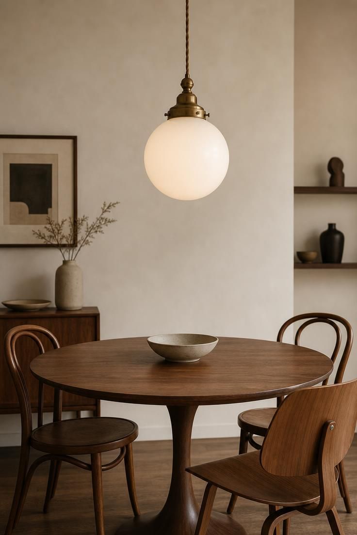 13 Eclectic Mid Century Modern Ideas for Warm Lived-In Rooms 7 An opal globe pendant with brass fitter hangs above a round walnut pedestal dining table with bentwood chairs and one low ceramic bowl.