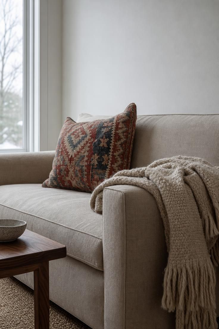 13 Eclectic Mid Century Modern Ideas for Warm Lived-In Rooms 9 A low flax linen sofa with one kilim pillow and a chunky knit throw, bare pale wall behind, small walnut side table at the frame edge.