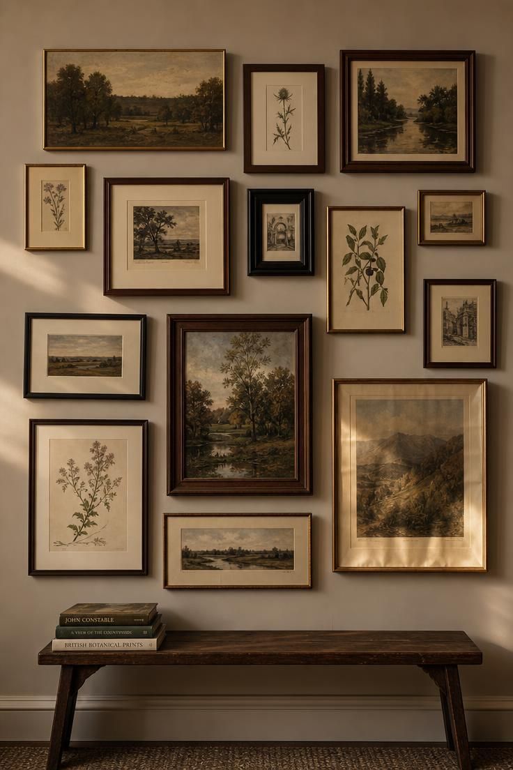 13 Eclectic Mid Century Modern Ideas for Warm Lived-In Rooms 10 A dense gallery wall of small landscape etchings in mismatched brass and wood frames above a narrow bench with a short book stack.