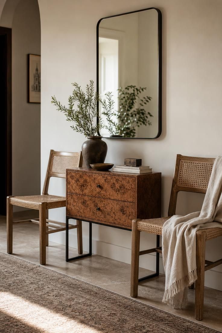 13 Eclectic Mid Century Modern Ideas for Warm Lived-In Rooms 11 Two cane-back chairs against a cream wall with a burl wood chest and black metal mirror between them, one linen throw draped over a chair.