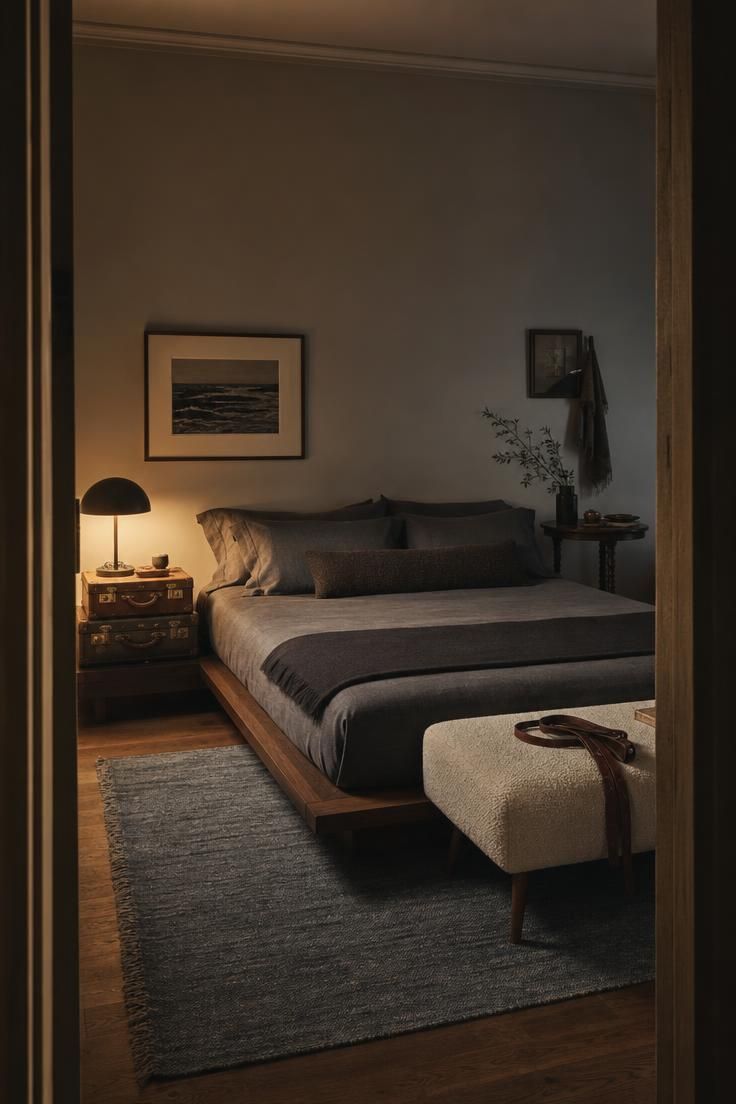 13 Eclectic Mid Century Modern Ideas for Warm Lived-In Rooms 13 A low oiled walnut platform bed with slate linen bedding, a bouclé bench holding a folded saddle leather strap, vintage suitcase bedside table, and flatweave rug.