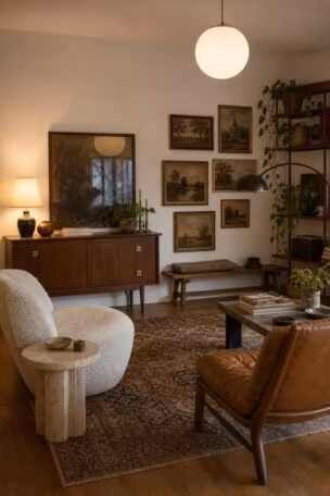 An eclectic mid century modern living room with a walnut credenza, bouclé chair, leather sling chair, arc lamp, Persian rug, and gallery wall in warm evening light.