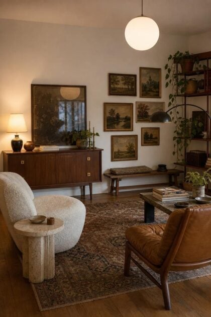 13 Eclectic Mid Century Modern Ideas for Warm Lived-In Rooms An eclectic mid century modern living room with a walnut credenza, bouclé chair, leather sling chair, arc lamp, Persian rug, and gallery wall in warm evening light.