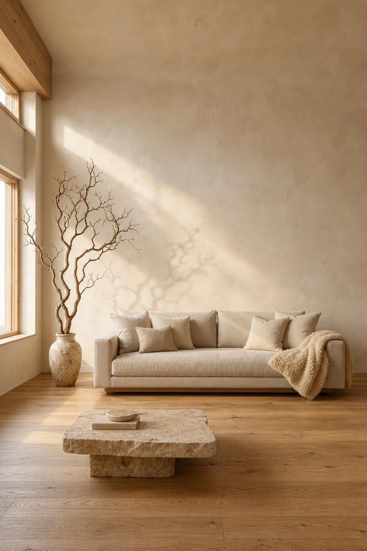 Sunlit eclectic minimalist living room with limewash plaster wall, low oatmeal sofa, twisted branch in travertine vessel, and shearling throw on raw oak floor.