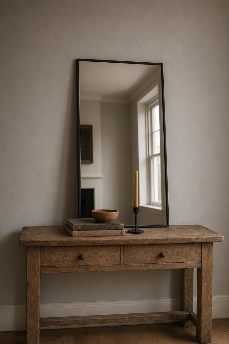Oak console with leaning black-framed mirror, stack of earth-tone books, terracotta bowl, and black candle holder against a warm greige wall.