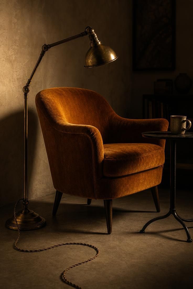 Moody corner with vintage brass floor lamp bending over deep ochre velvet chair, exposed cord on floor, and blackened steel table with ceramic mug.