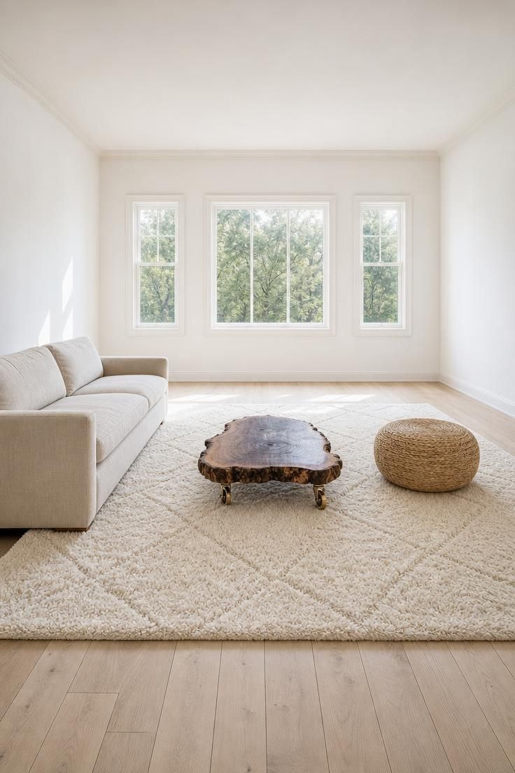 Bright living room with high-pile ivory wool rug, live-edge walnut slab coffee table on brass casters, neutral sofa, and rattan pouf.