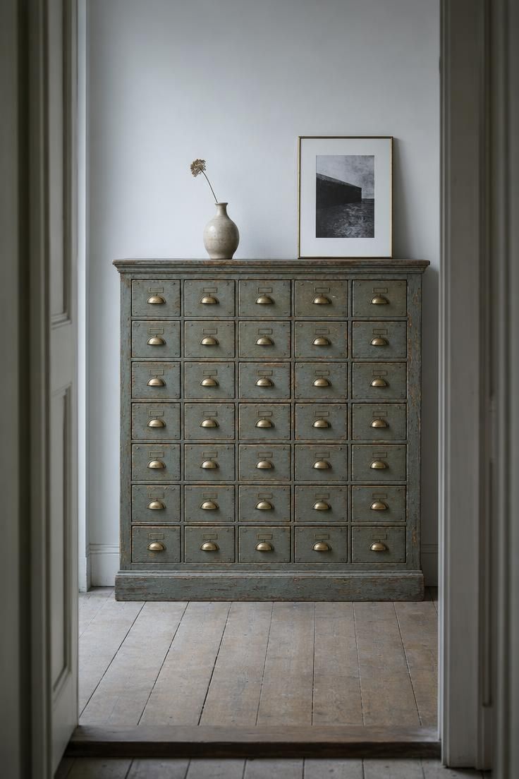 Antique gray-green apothecary cabinet with many drawers and brass pulls against a cool white wall, topped with ceramic vase and framed photograph.