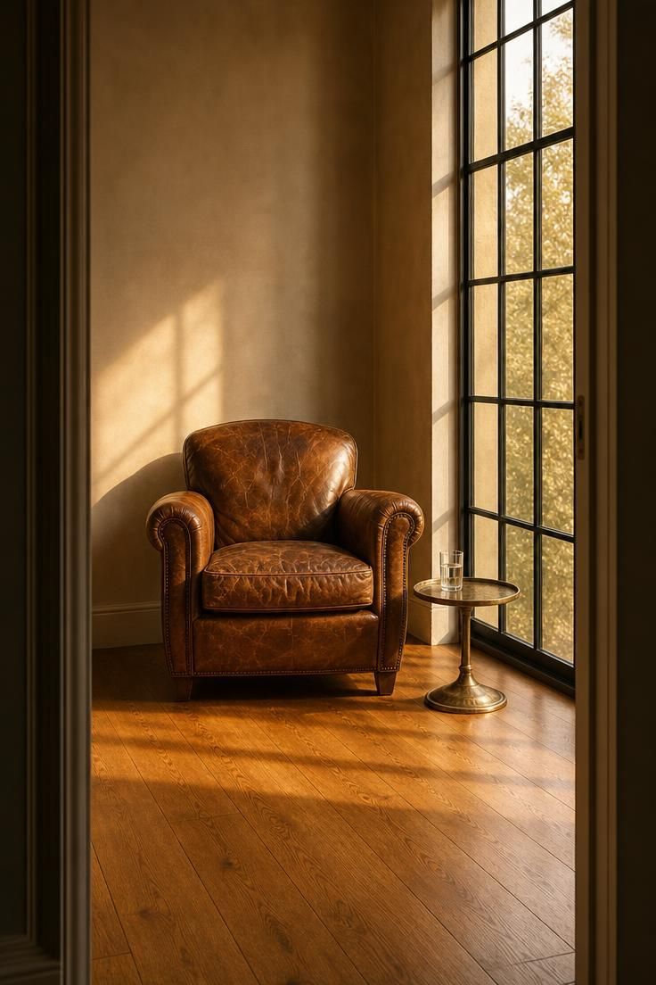 Vintage cognac leather club chair beside floor-to-ceiling black steel window, hammered brass table with water glass, warm golden light.