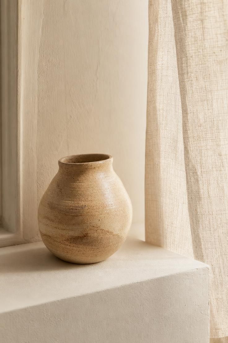 Close-up of hand-turned ceramic vessel in warm sand tones on deep windowsill beside raw linen curtain in soft diffused light.