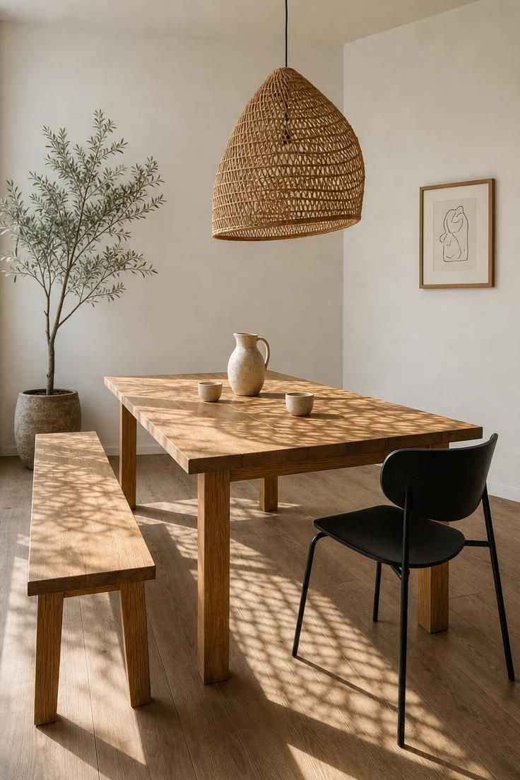 Dining area with woven rattan pendant hung off-center over oak table, one wooden bench, one black chair, ceramic pitcher, and line drawing.