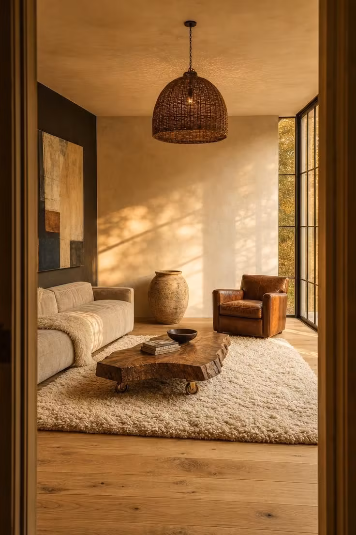 Simple Spaces 17 Eclectic minimalist living room at golden hour with plaster wall, leather chair, wool rug, walnut slab table, ceramic vessel, rattan pendant, and charcoal art wall.