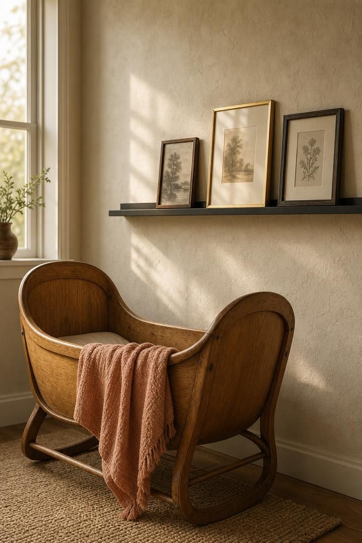11 Cozy Eclectic Nursery Ideas for a Calm, Happy Baby 1 Vintage honey-toned bentwood cradle beside a matte black wall-mounted rail shelf holding three small framed prints against a warm ivory limewash wall in an eclectic nursery.