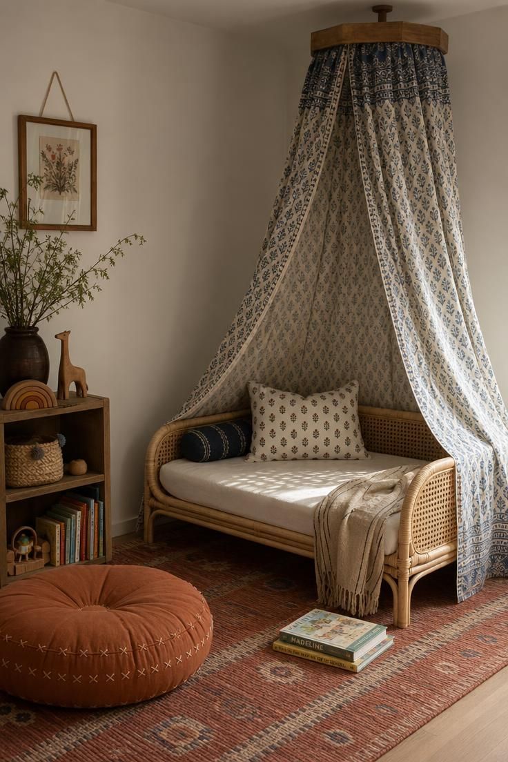 11 Cozy Eclectic Nursery Ideas for a Calm, Happy Baby 2 Low natural cane daybed beneath a soft block-print cotton canopy in faded indigo and cream with a terracotta floor cushion on a muted rust wool rug in an eclectic nursery reading nook.