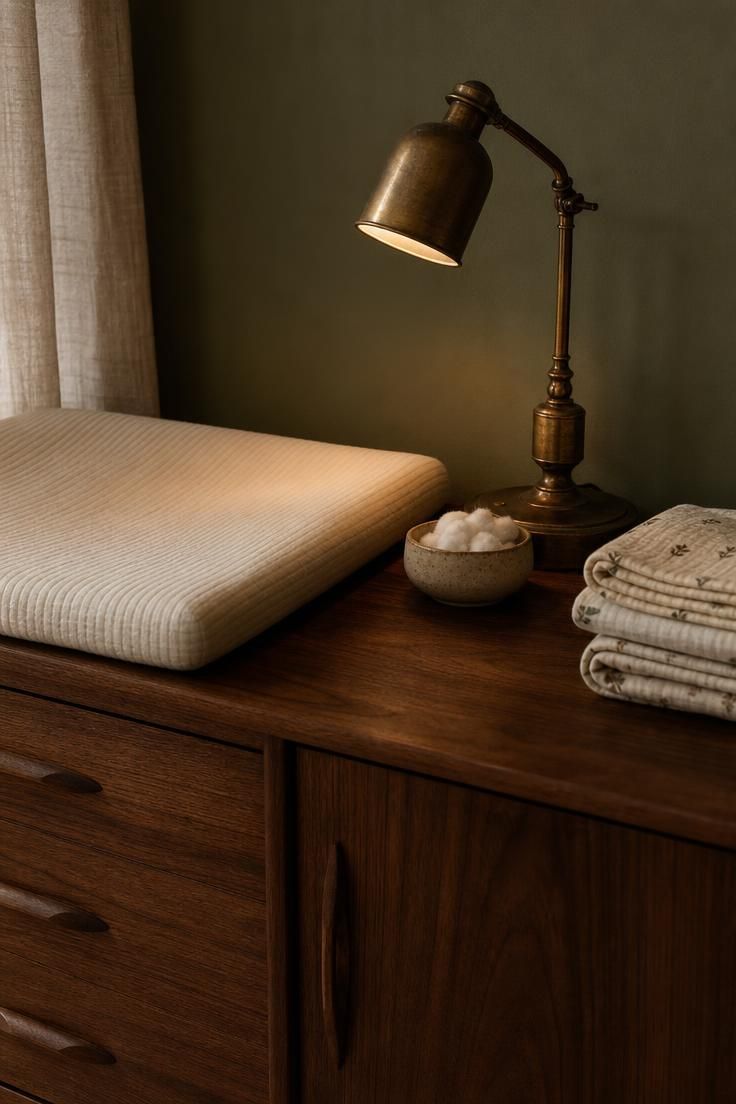 11 Cozy Eclectic Nursery Ideas for a Calm, Happy Baby 3 Mid-century walnut sideboard used as a changing station with a ribbed cotton changing pad, ceramic dish, and vintage brass pharmacy task lamp against a muted olive green wall in an eclectic nursery.