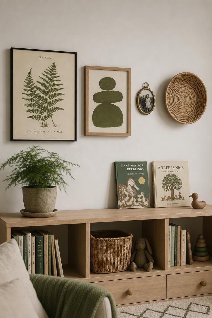 11 Cozy Eclectic Nursery Ideas for a Calm, Happy Baby 4 Nursery gallery wall with vintage botanical fern print, abstract gouache shape, small oval family photo in mixed black, oak, and brass frames, and a shallow woven rattan basket hung like a plate above a low bookshelf.