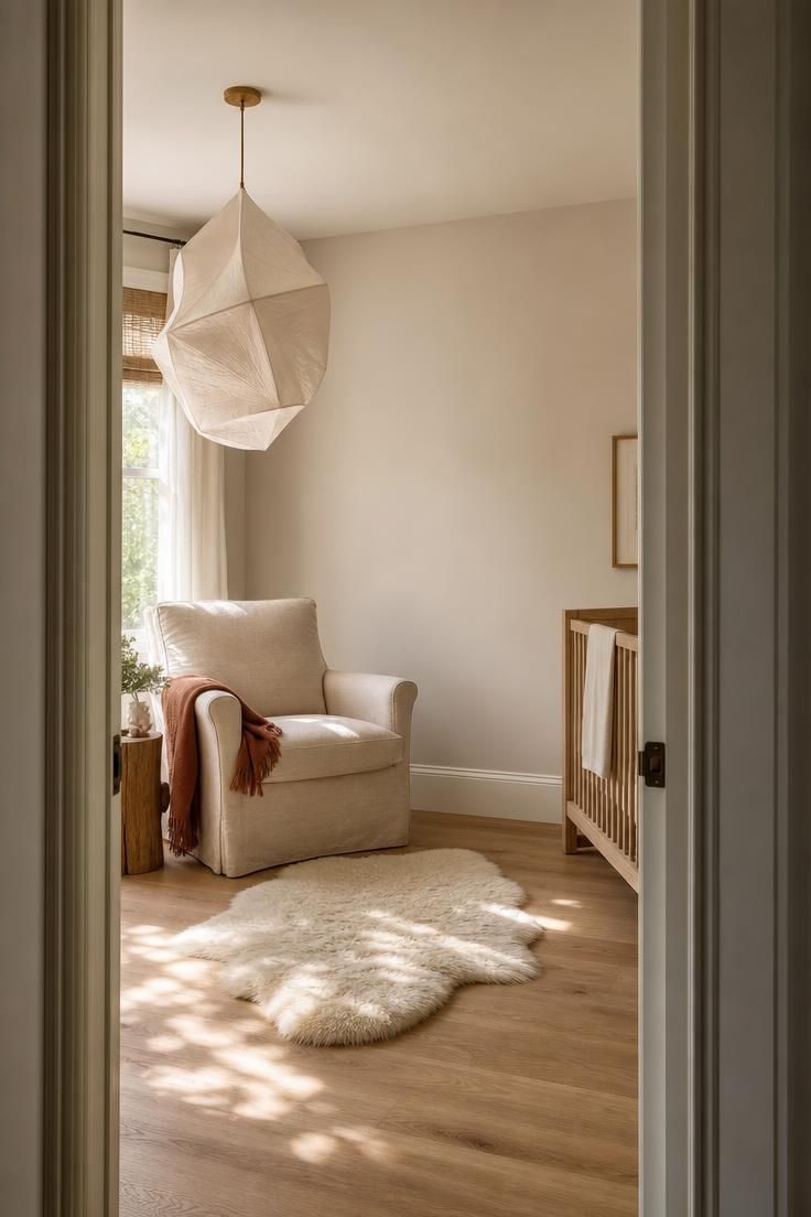 11 Cozy Eclectic Nursery Ideas for a Calm, Happy Baby 5 Slipcovered reading chair in oatmeal linen beside a large sculptural white paper pendant with one bare wall visible from the nursery doorway, a sheepskin rug on pale wood floors.