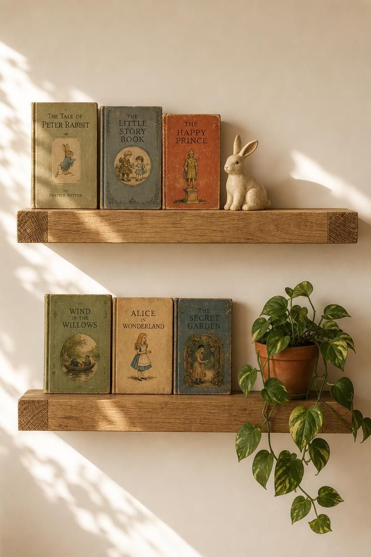 11 Cozy Eclectic Nursery Ideas for a Calm, Happy Baby 6 Overhead view of two chunky white oak floating shelves with vintage storybooks facing forward, a small ceramic rabbit, and a trailing pothos in an eclectic nursery.