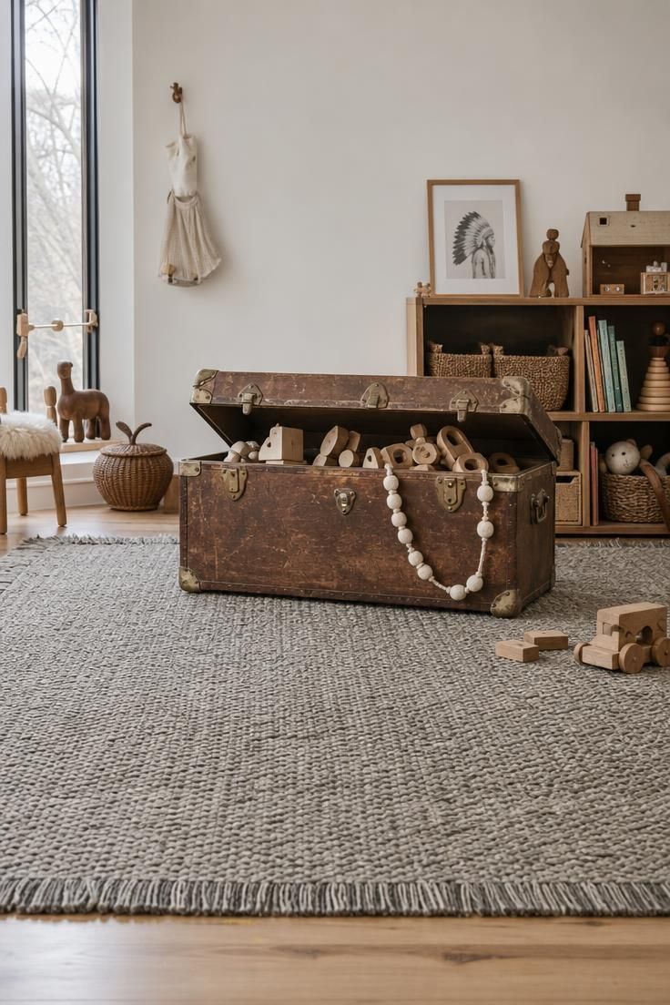 11 Cozy Eclectic Nursery Ideas for a Calm, Happy Baby 8 Weathered brown vintage trunk with brass corner caps open to reveal wooden toys on a large cool gray flat-weave jute rug in a gender neutral nursery.